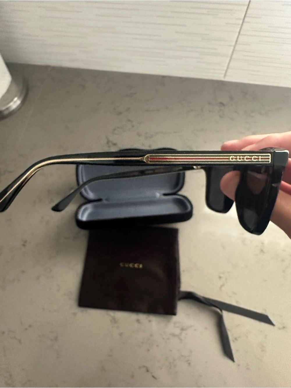 Gucci Men’s Black Sunglasses with Gold and Red-Green Stripe Accents - Picture 2 of 8